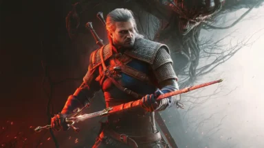 White-haired armored warrior holding sword in dark forest