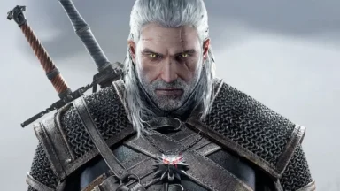 Geralt of Rivia in armor with swords