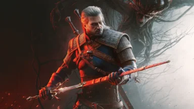 White-haired warrior with sword in dark forest