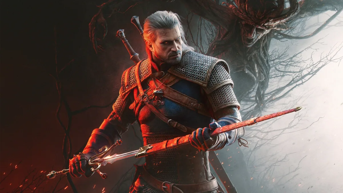 White-haired warrior with sword in dark forest