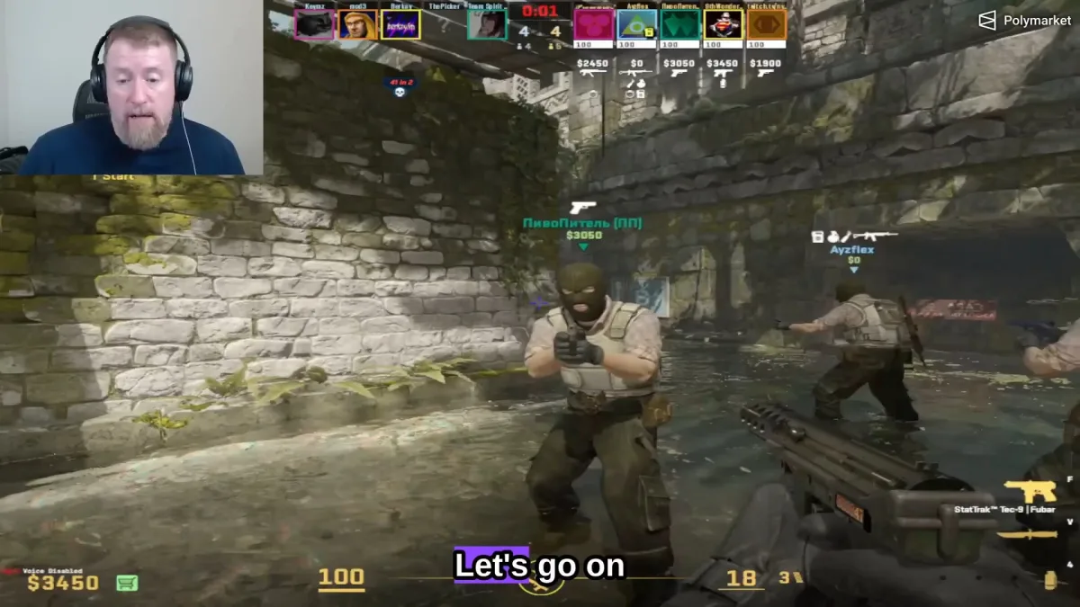Streamer playing Counter-Strike with teammates in a stone corridor