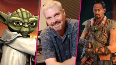 Yoda, smiling man, and armed video game character