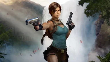 Adventurer woman aiming pistols near waterfall