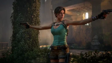 Woman aiming dual pistols in jungle ruins