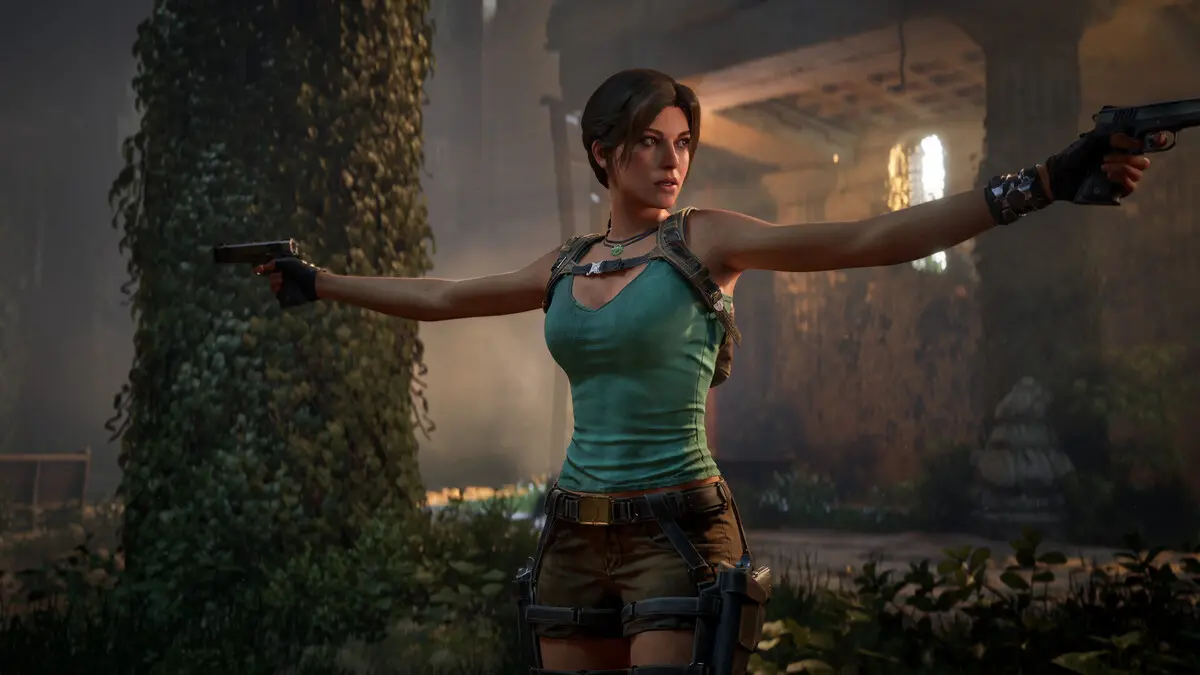 Woman aiming dual pistols in jungle ruins