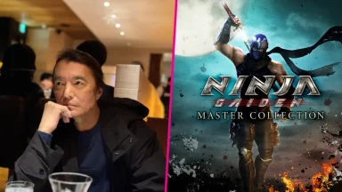 Man sitting beside Ninja Gaiden Master Collection poster