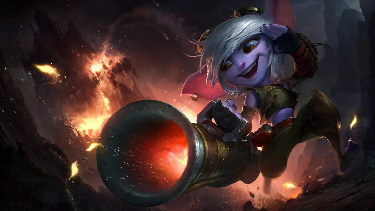 Blue-haired fantasy character rides a cannon through fiery explosions.