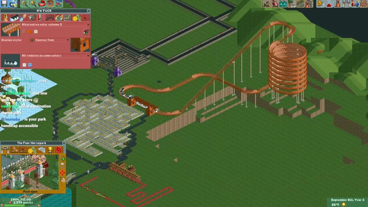 Roller coaster tycoon park with giant spiral coaster