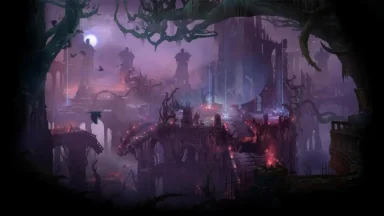 Mysterious dark fantasy landscape with ancient ruins.