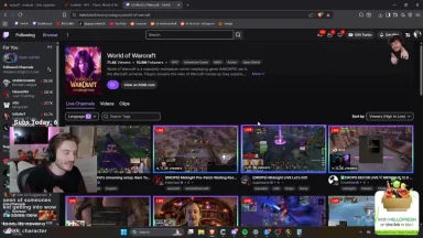 Twitch directory showing World of Warcraft live streams