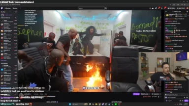 Livestream showing people reacting to fire indoors