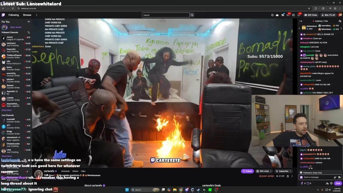 Livestream showing people reacting to fire indoors