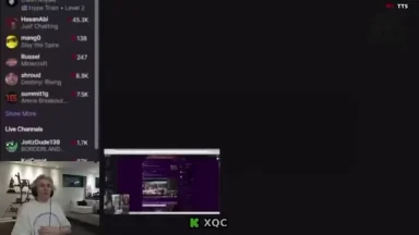 Streamer live on Twitch with chat overlay