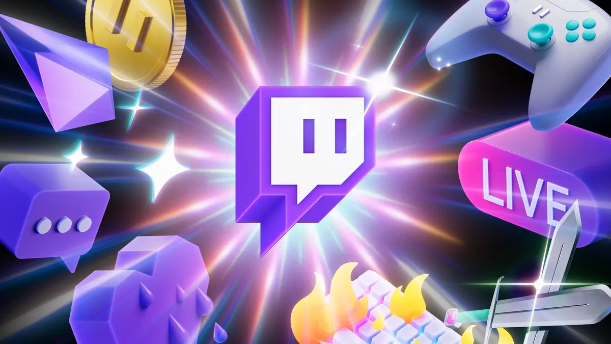 Twitch logo surrounded by colorful gaming icons