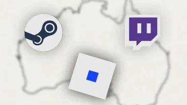 Steam, Roblox, Twitch logos over Australia map
