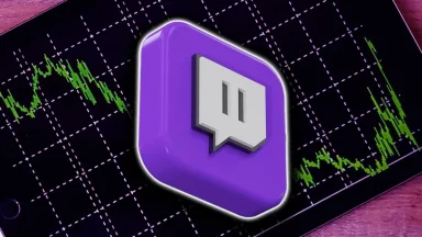 Twitch logo with stock market graph background