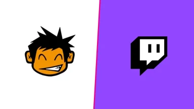 Cartoon face and Twitch logo on purple background.