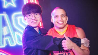 Two men smiling with neon lights background