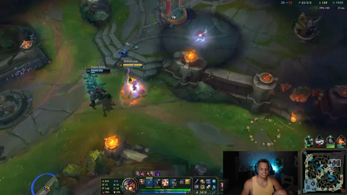 League of Legends gameplay with streamer webcam overlay