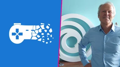 Split image: gaming logo, smiling man in office