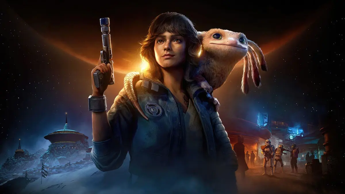 Sci-fi character with creature amid futuristic landscape