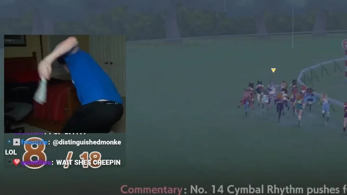 Streamer dancing and horse racing game on screen