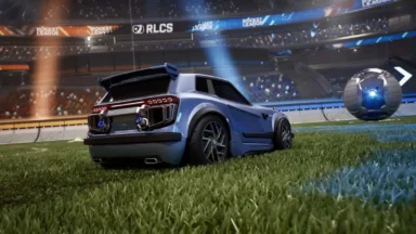 Rocket League car on stadium field with ball