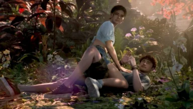 Animated couple in lush sunlit forest garden