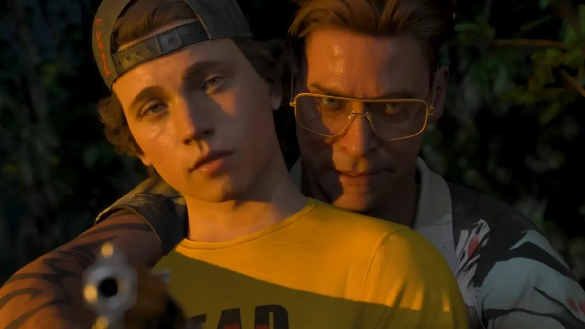 Man with gun restrains young man at sunset