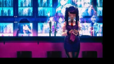 Anime bartender polishing glass in neon bar