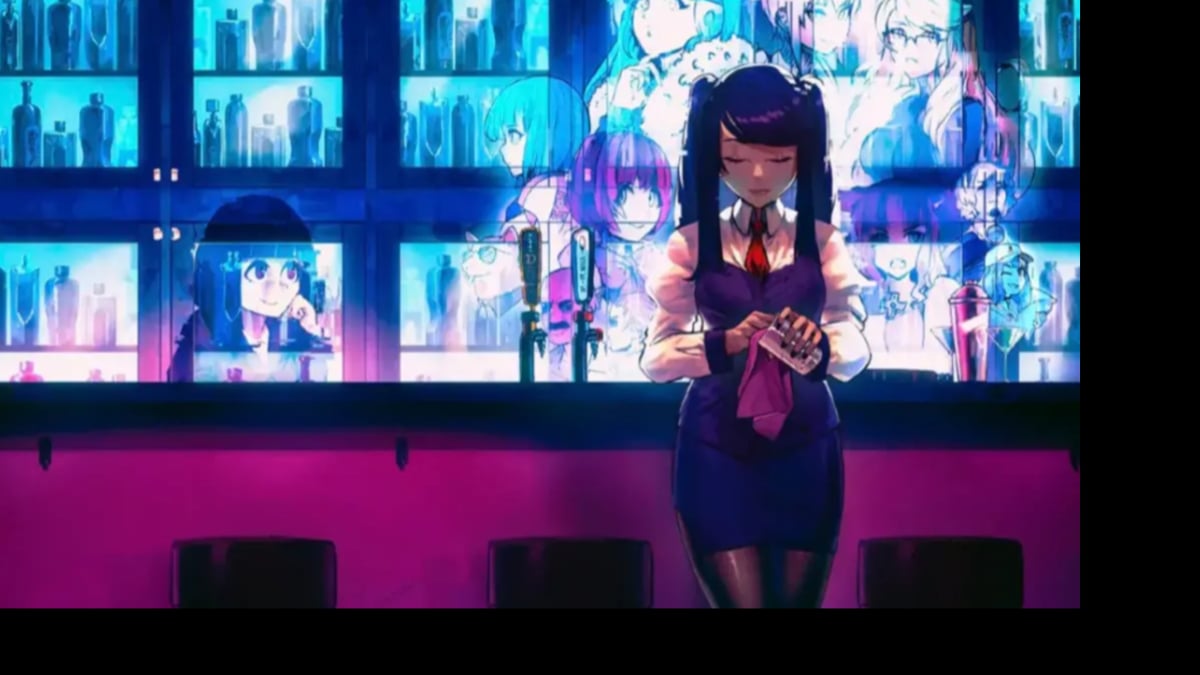 Anime bartender polishing glass in neon bar