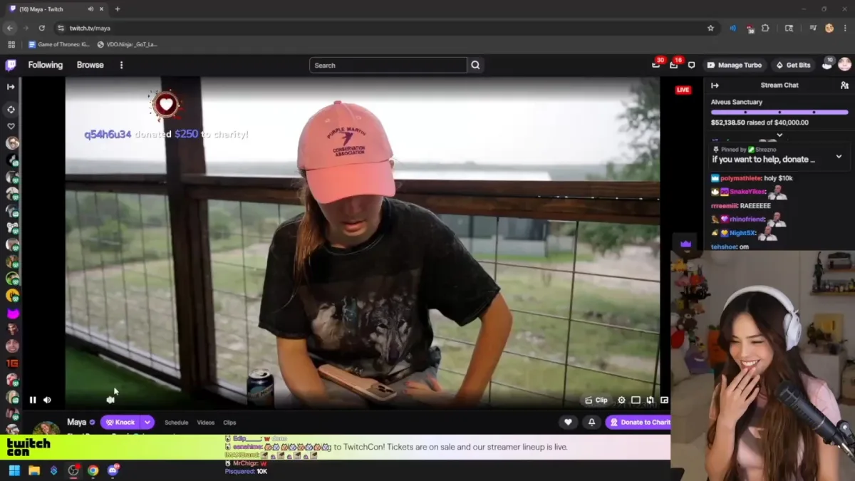 Streamer in pink hat on Twitch fundraiser stream.