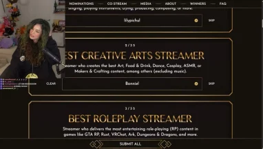 Streamer voting for best creative arts and roleplay awards.