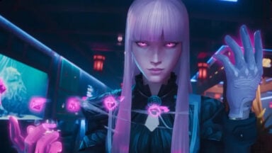 Anime woman controls glowing pink crystals in a neon room