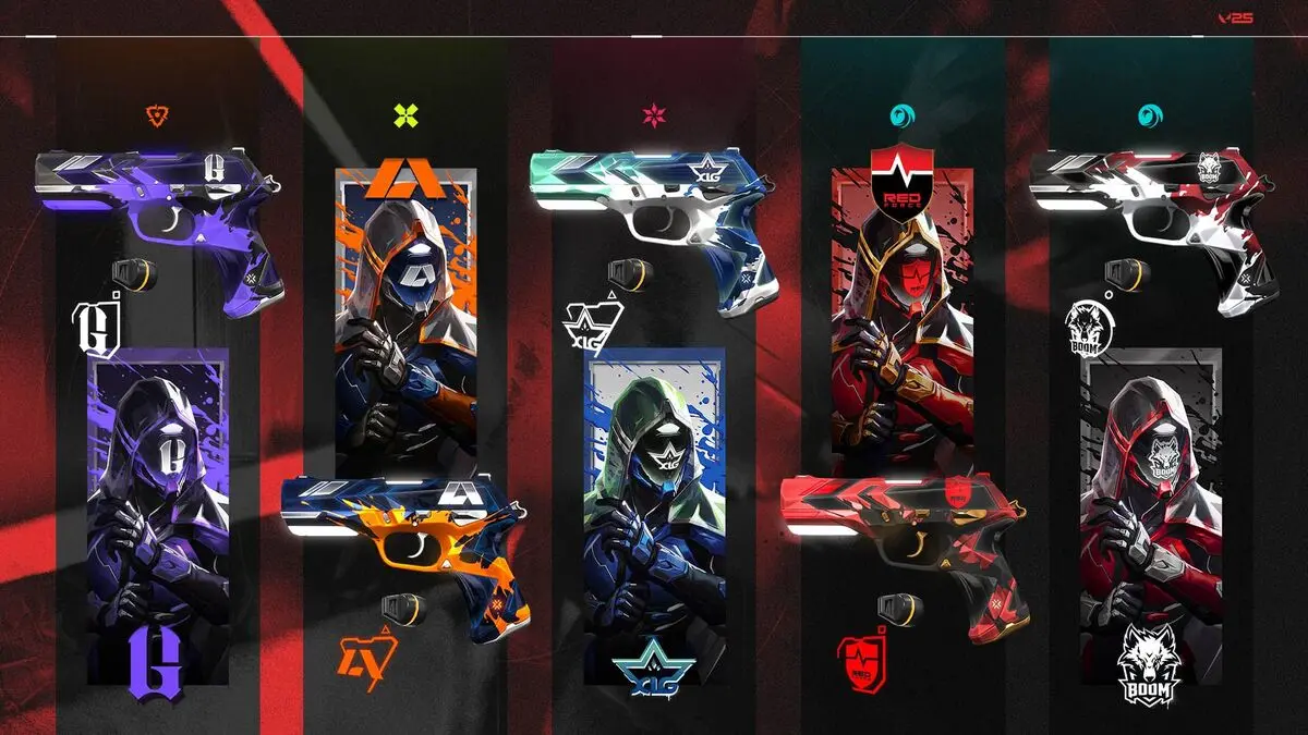 Colorful esports-themed pistol skins with hooded characters