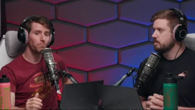 Two people recording a tech podcast together