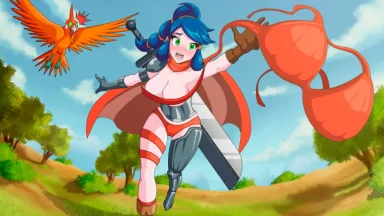 Animated superhero reaching for flying bikini top.