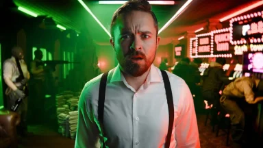 Man in casino surrounded by armed figures.
