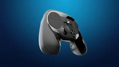 Black gaming controller on blue background