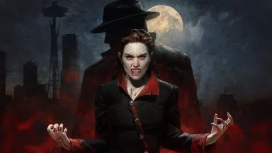 Vampire woman snarling before moonlit city skyline