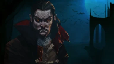 Dark vampire with glowing eyes at night.
