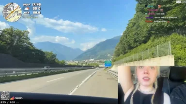 Highway drive through mountains with livestream overlay