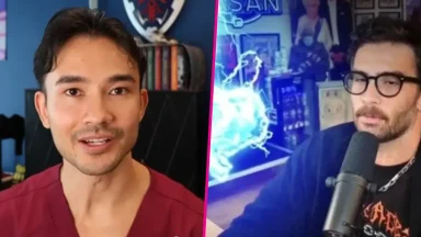 Two men in split-screen video call setup