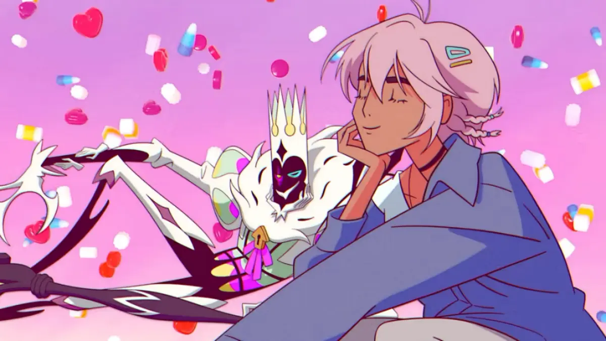 Anime character with colorful background and flying pills