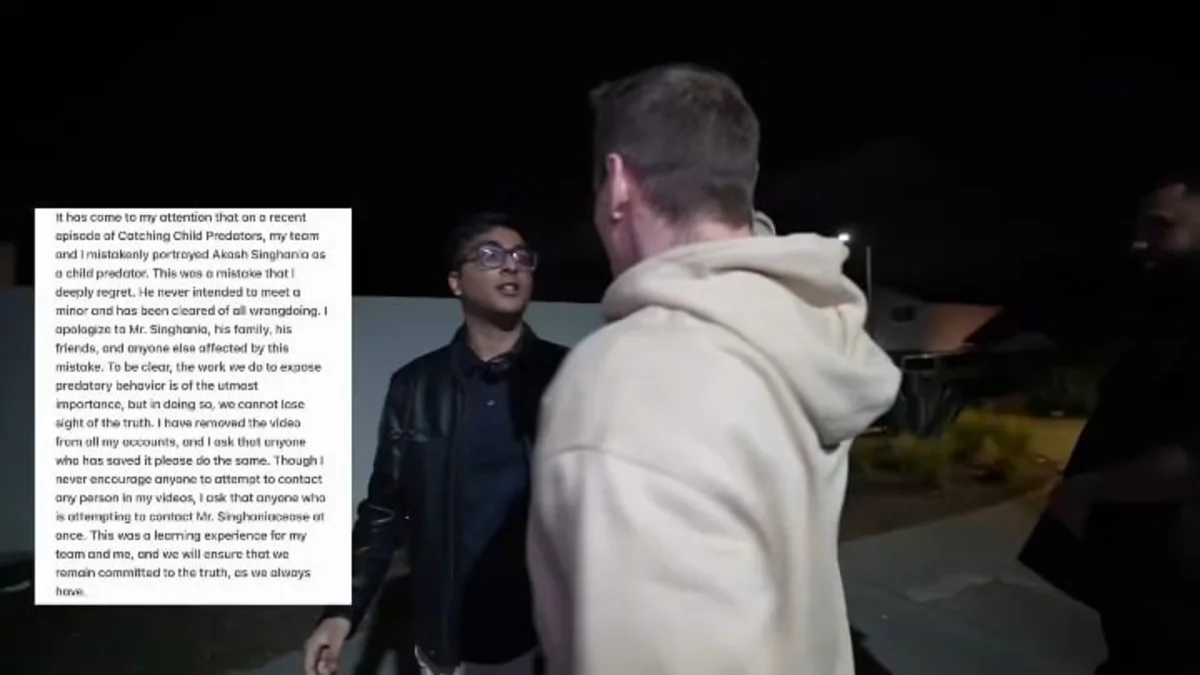 Two men arguing at night with apology text overlay
