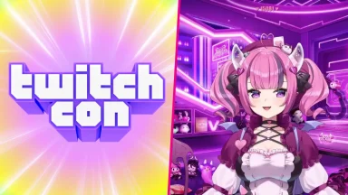 TwitchCon logo and pink anime character