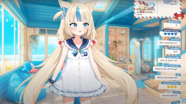 Anime character streams in bright, colorful room.