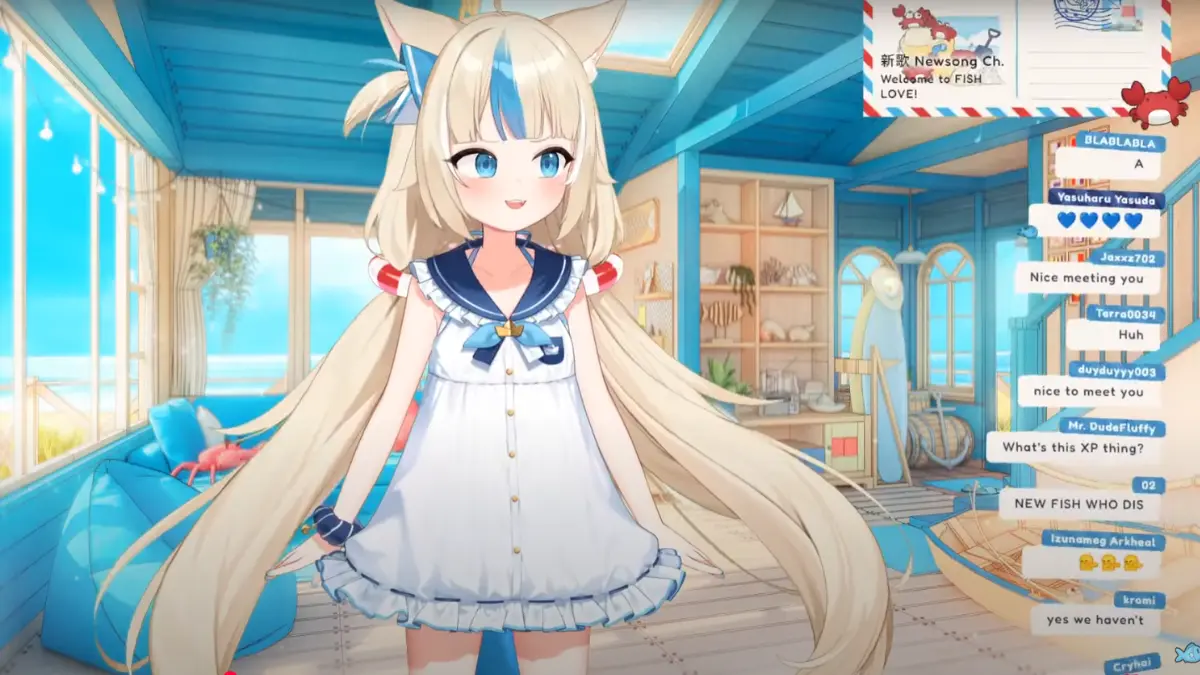 Anime character streams in bright, colorful room.