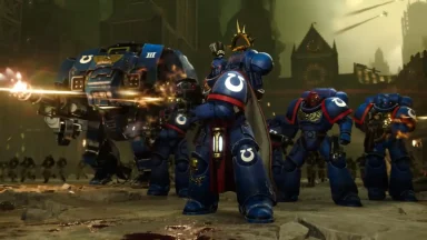Ultramarines battling in a futuristic war zone
