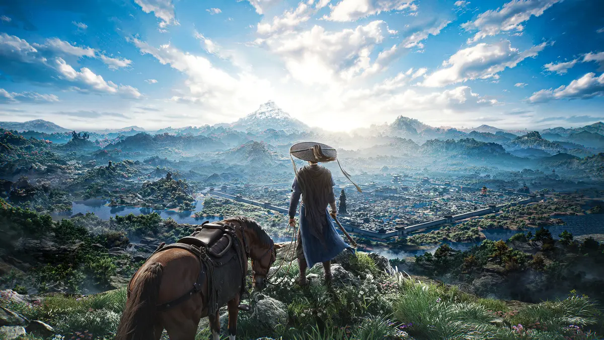 Warrior overlooking vast mountain landscape at sunrise